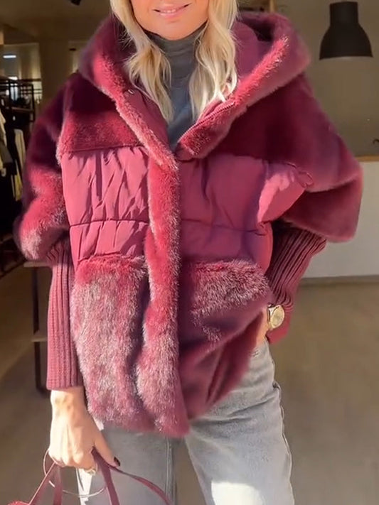 Damejakke med Hætte og Strikkede Ærmer