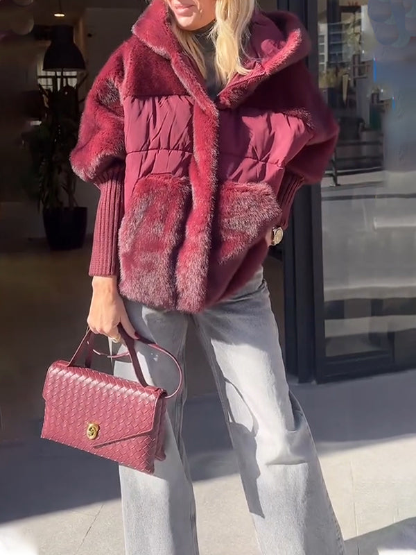 Damejakke med Hætte og Strikkede Ærmer